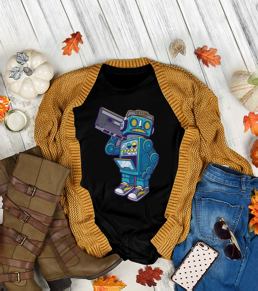 Blue and Gray Robot Holding Boombox Robot Rock T-Shirt
