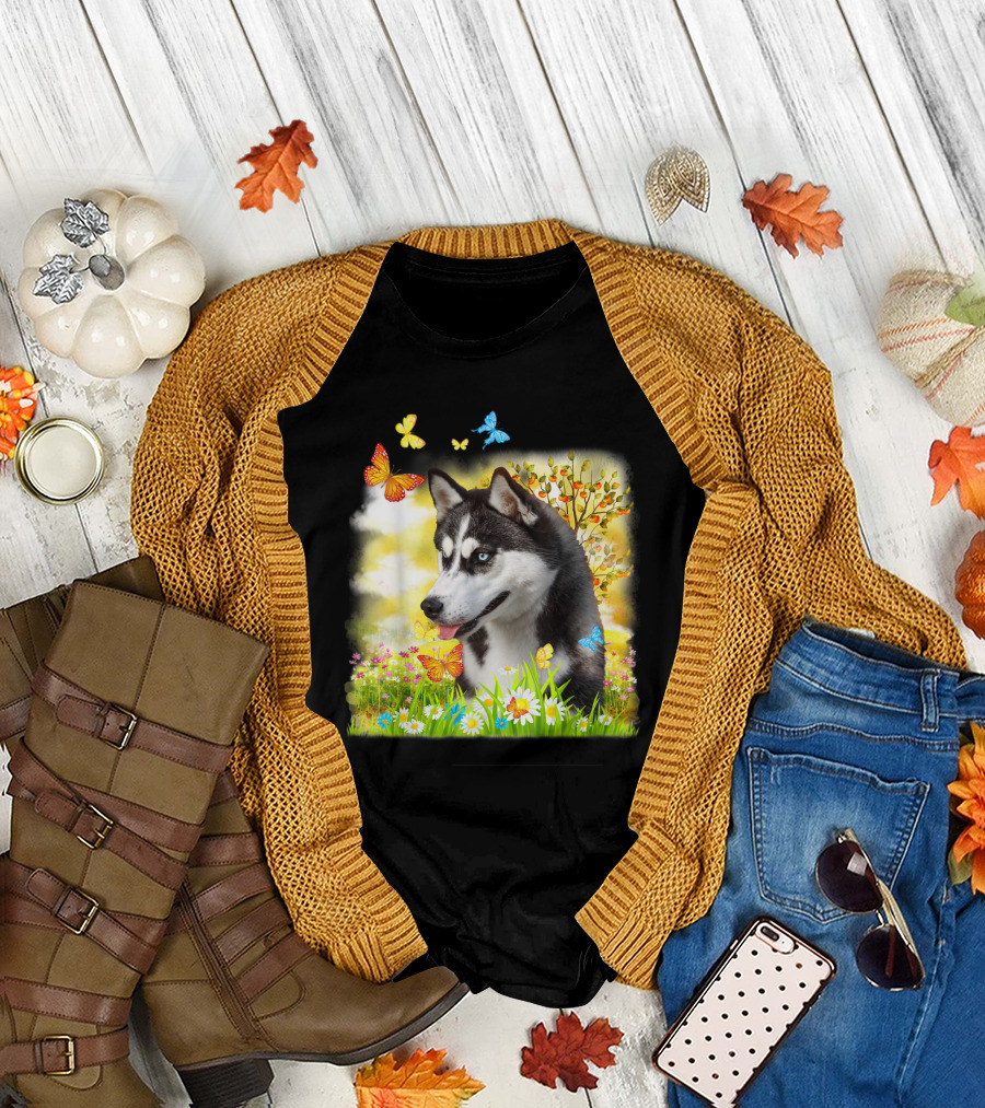 Siberian Husky in Vibrant Floral Meadow with Colorful Butterflies and Autumnal Background T-Shirt