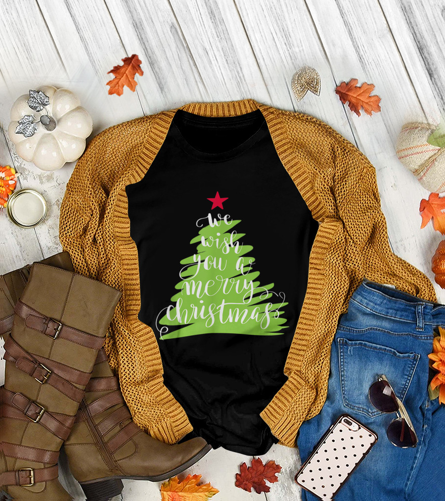 We Wish You A Merry Christmas Xmas Tree with Red Star T-Shirt
