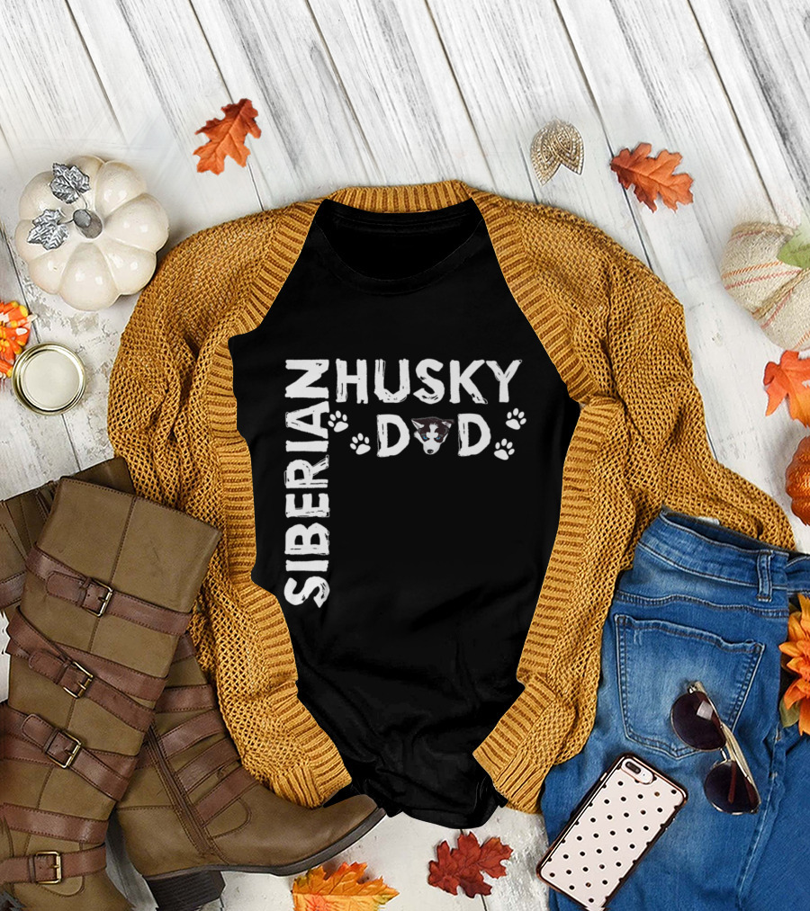 Siberian Husky Dad with Paw Prints and Dog Face T-Shirt