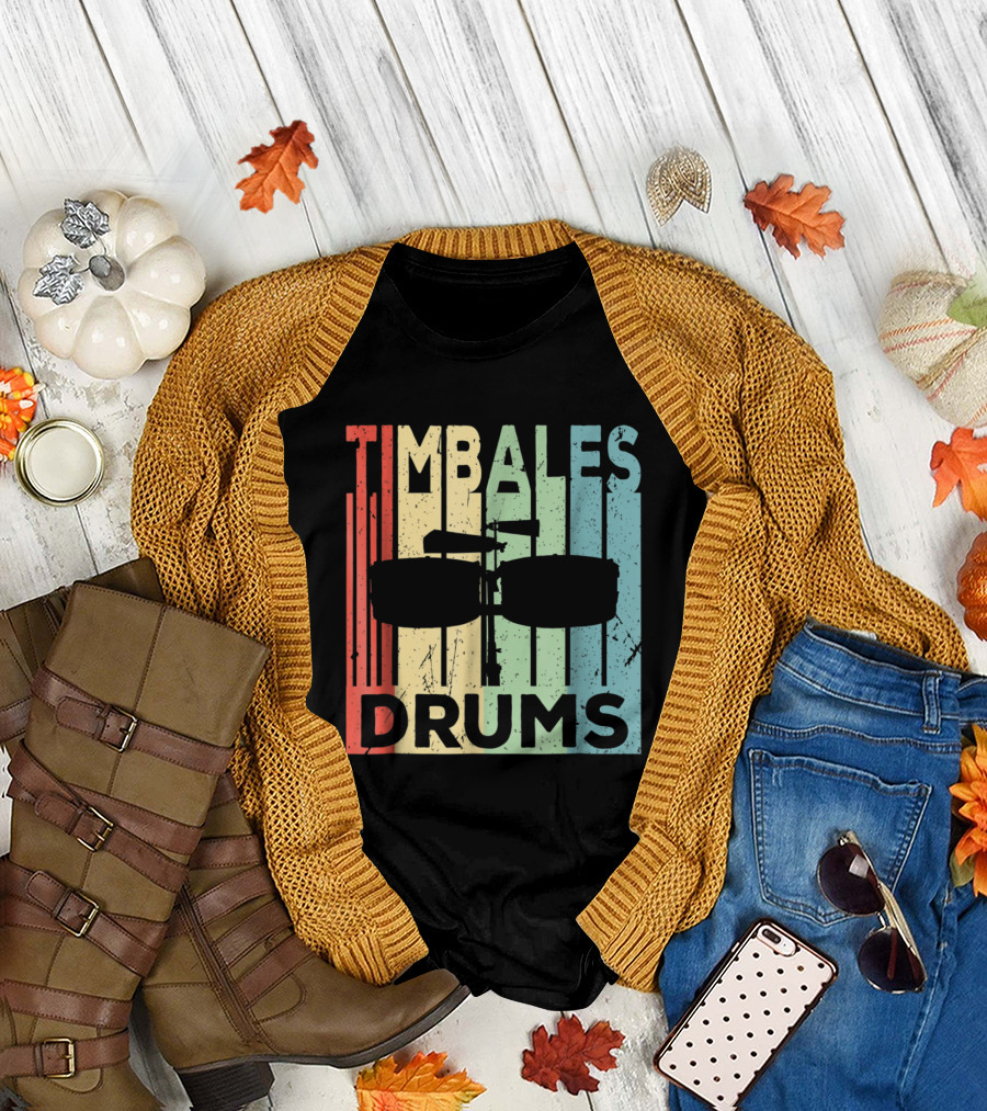 Timbales Drums Silhouette on Vintage Rainbow Stripes T-Shirt