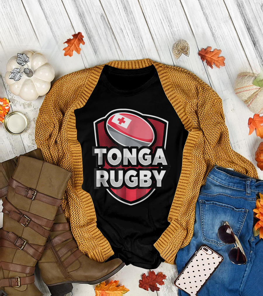 Tonga Rugby Emblem with Shield and Flag-Inspired Ball T-Shirt
