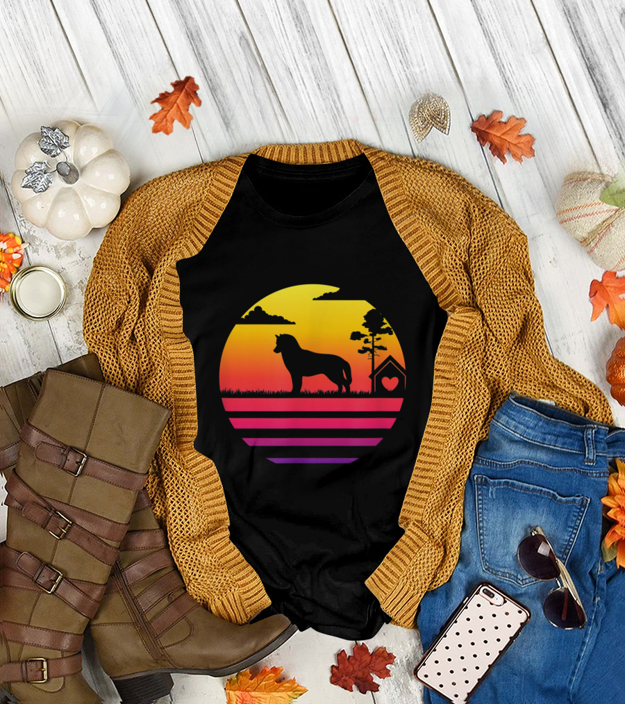 Siberian Husky Silhouette Against Vibrant Vintage Sunset with Doghouse Heart and Trees T-Shirt