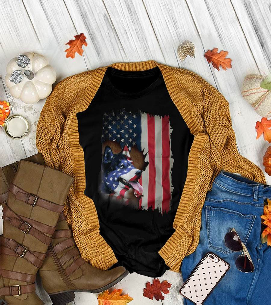Siberian Husky with American Flag Design in Patriotic Colors T-Shirt