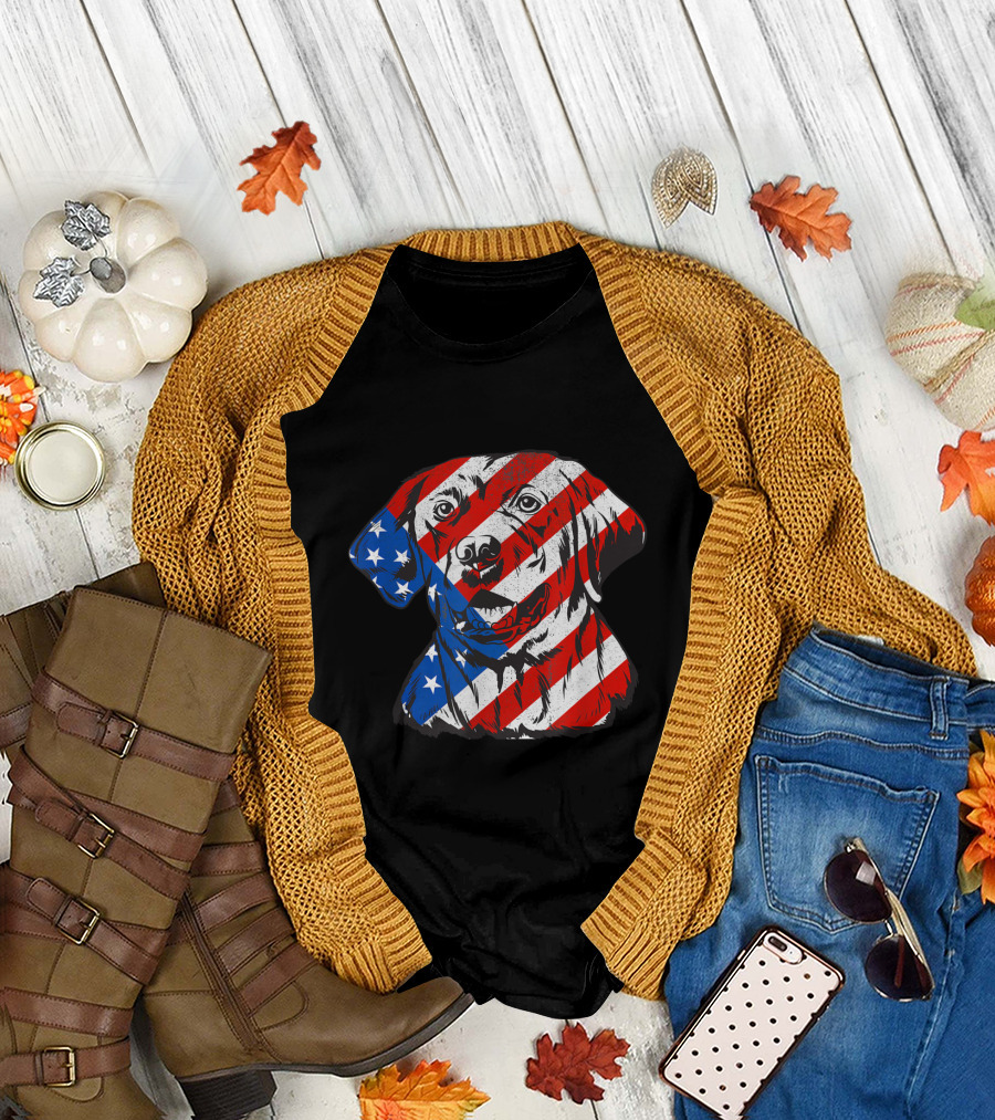 Labrador with American Flag Pattern Celebrating Fourth of July T-Shirt