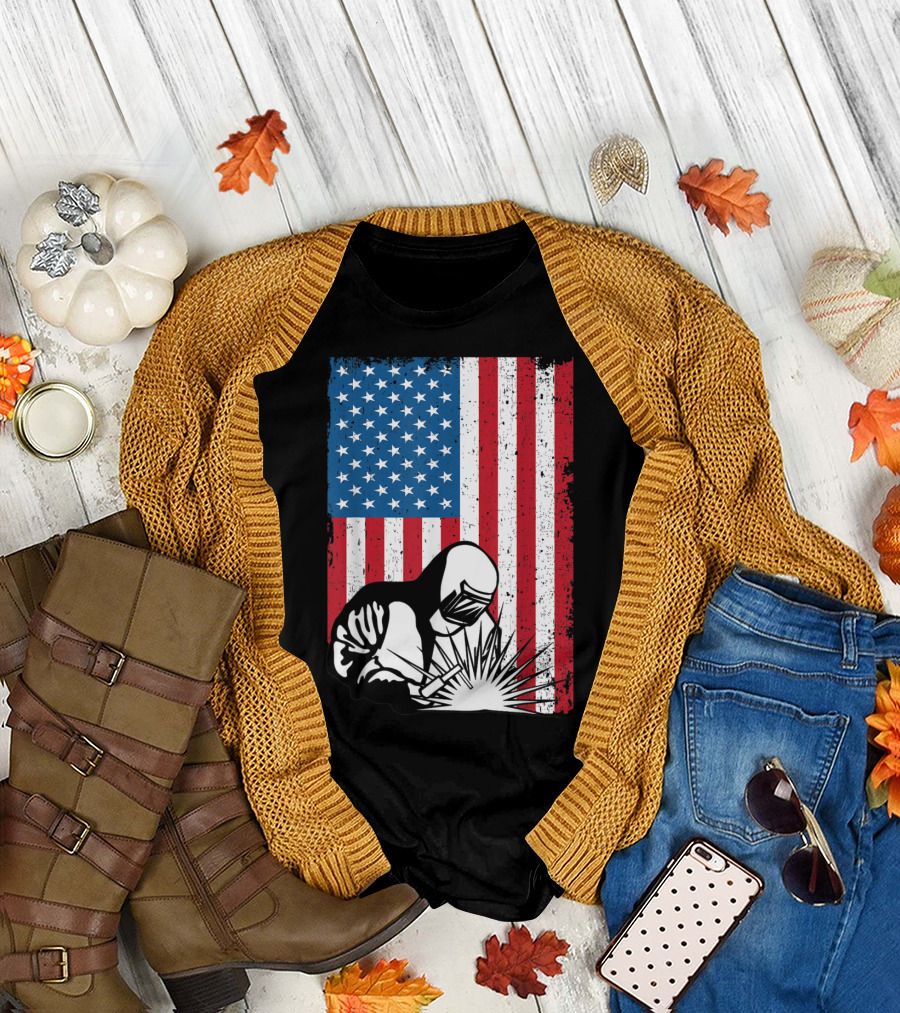 USA Flag with Patriotic Welder T-Shirt