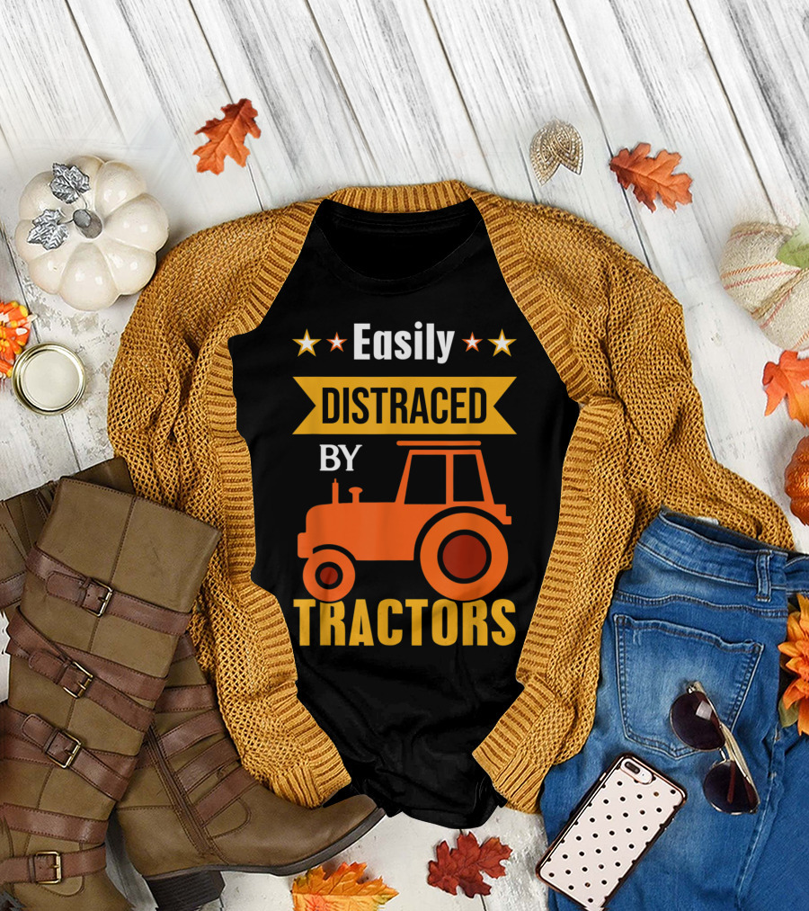 Easily Distracted by Tractors with Stars and Orange Tractor T-Shirt