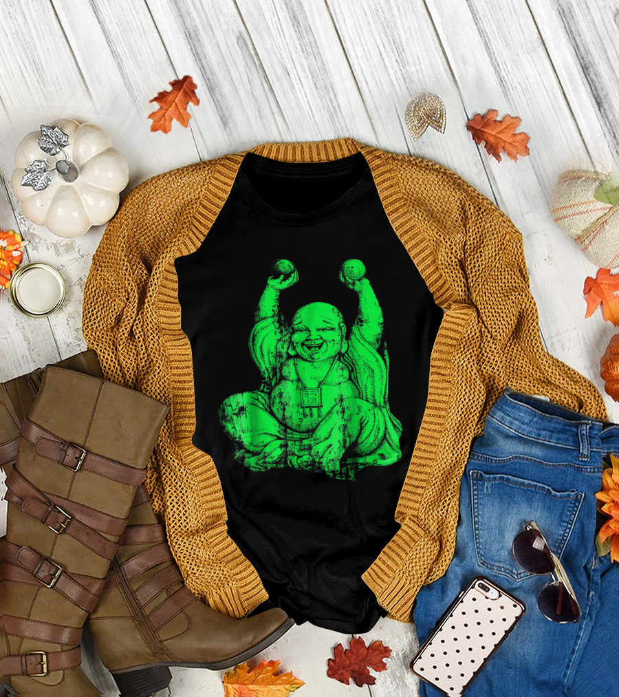 Radiant Green Laughing Buddha with Raised Hands Yoga T-Shirt