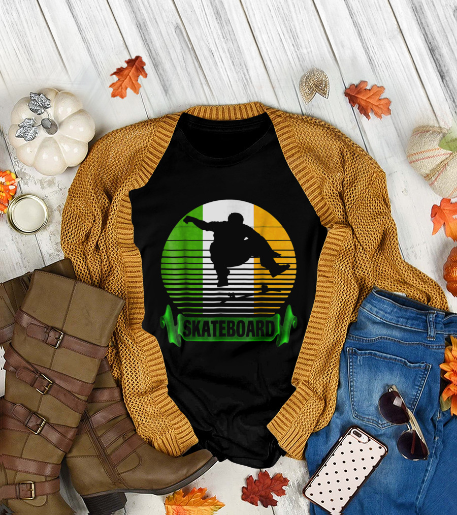 Skateboard Silhouette with Ireland Flag Colors T-Shirt