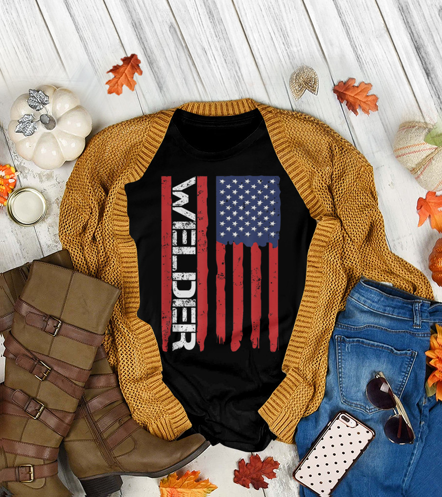 Welder American Flag Vertical Text and Stars Stripes T-Shirt