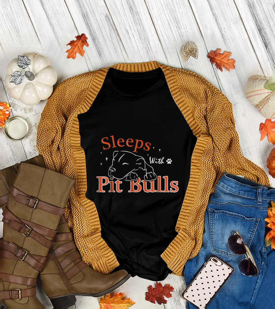 Sleeps With Pit Bulls Paw Print and Sleeping Dog Sketch T-Shirt