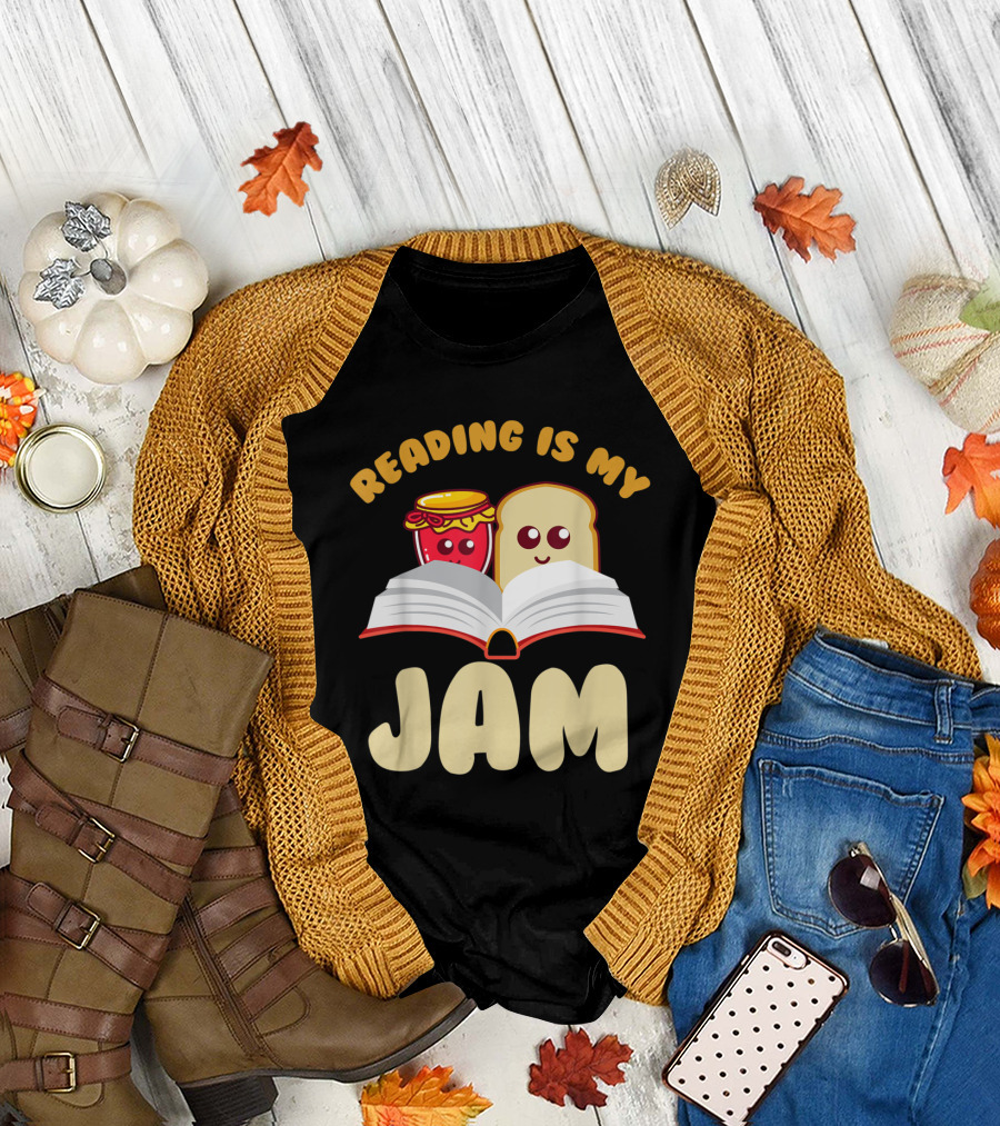 Reading Is My Jam with Cute Jam and Bread Characters Open Book T-Shirt