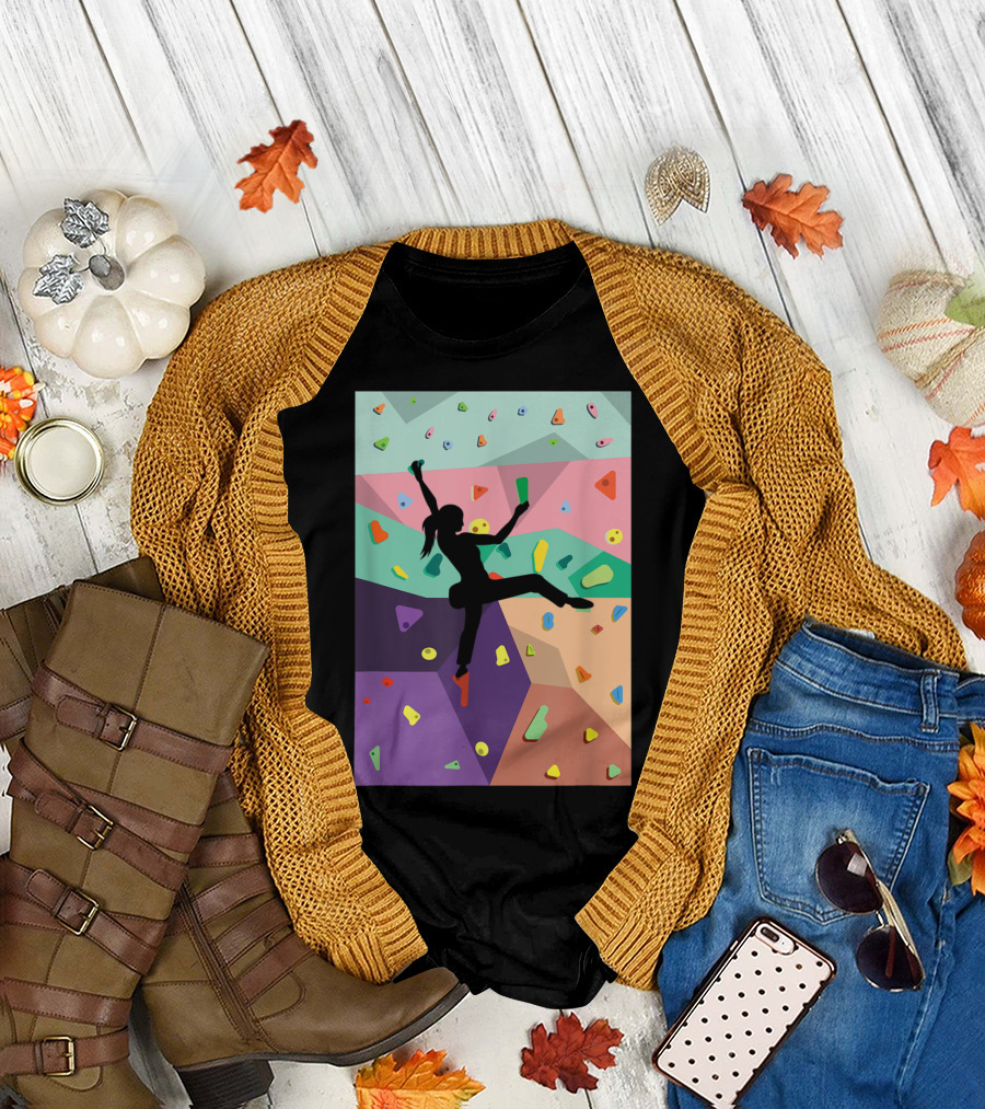 Indoor Rock Climbers Silhouette on Multi-Colored Wall Climbing Action Scene T-Shirt