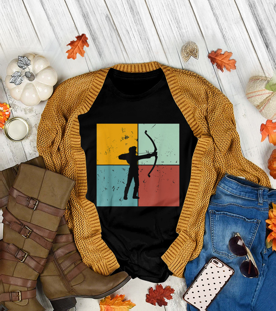Archer Silhouette Shoot Aim Bow Archery Art on Color Block Background T-Shirt