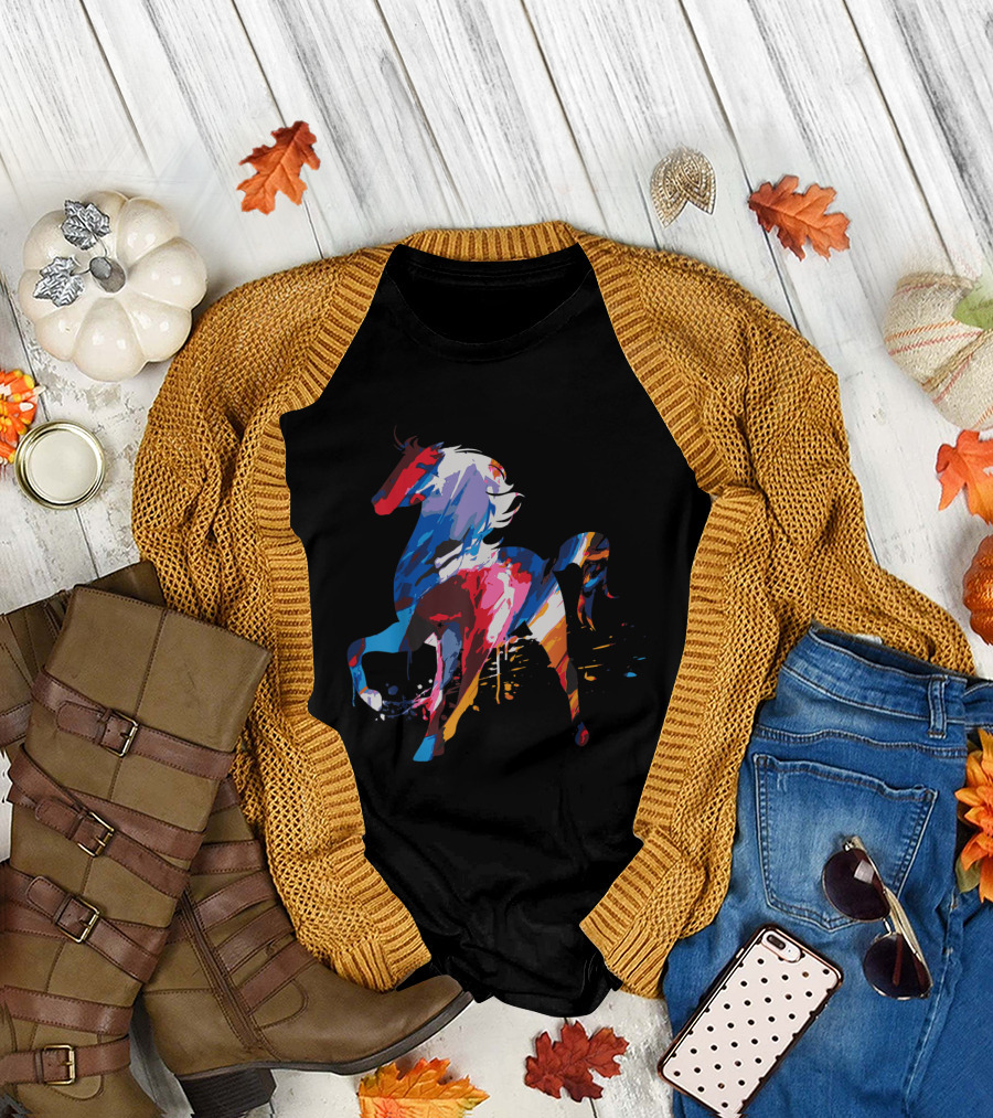 Vibrant Watercolor Horse with Rainbow Riding Effects T-Shirt