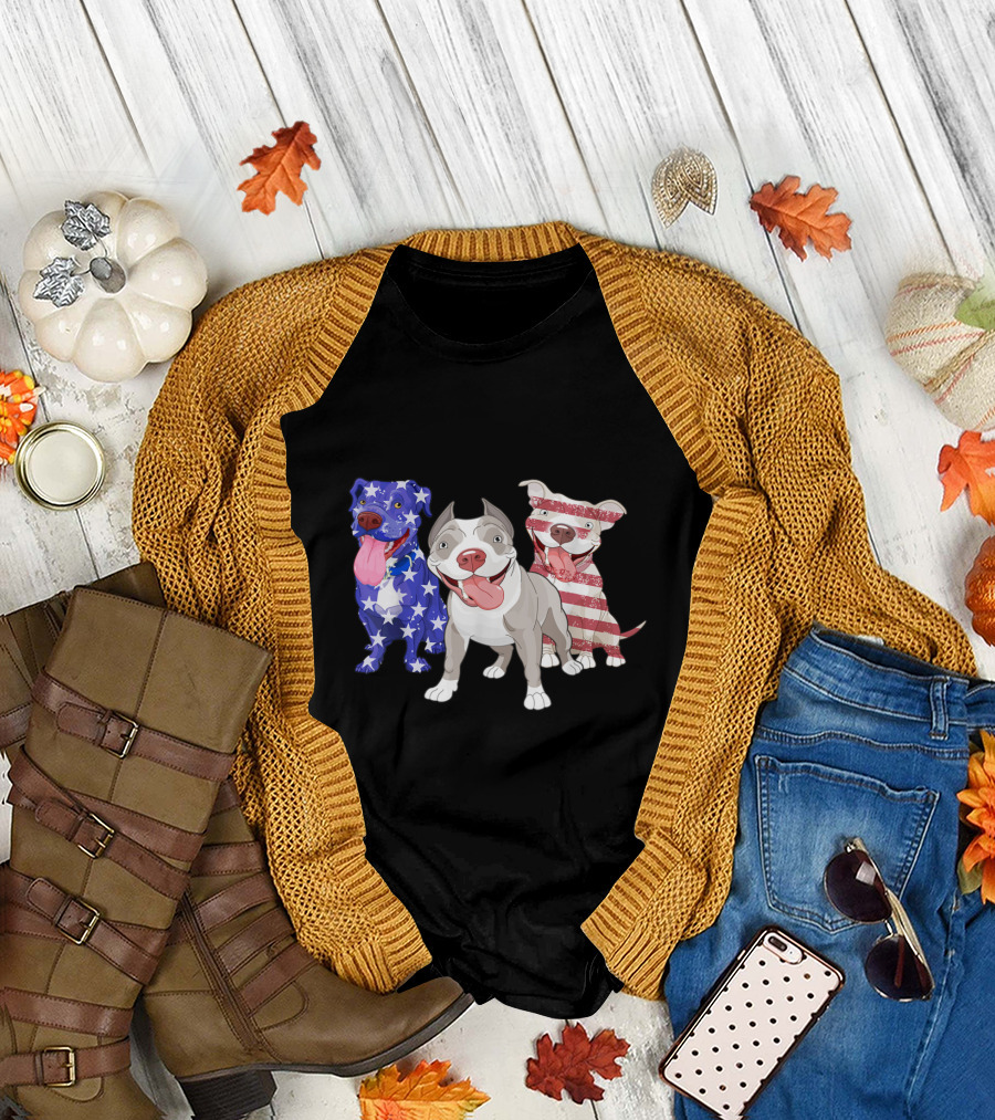 Pitbull Trio with Patriotic Star-Spangled American Flag T-Shirt