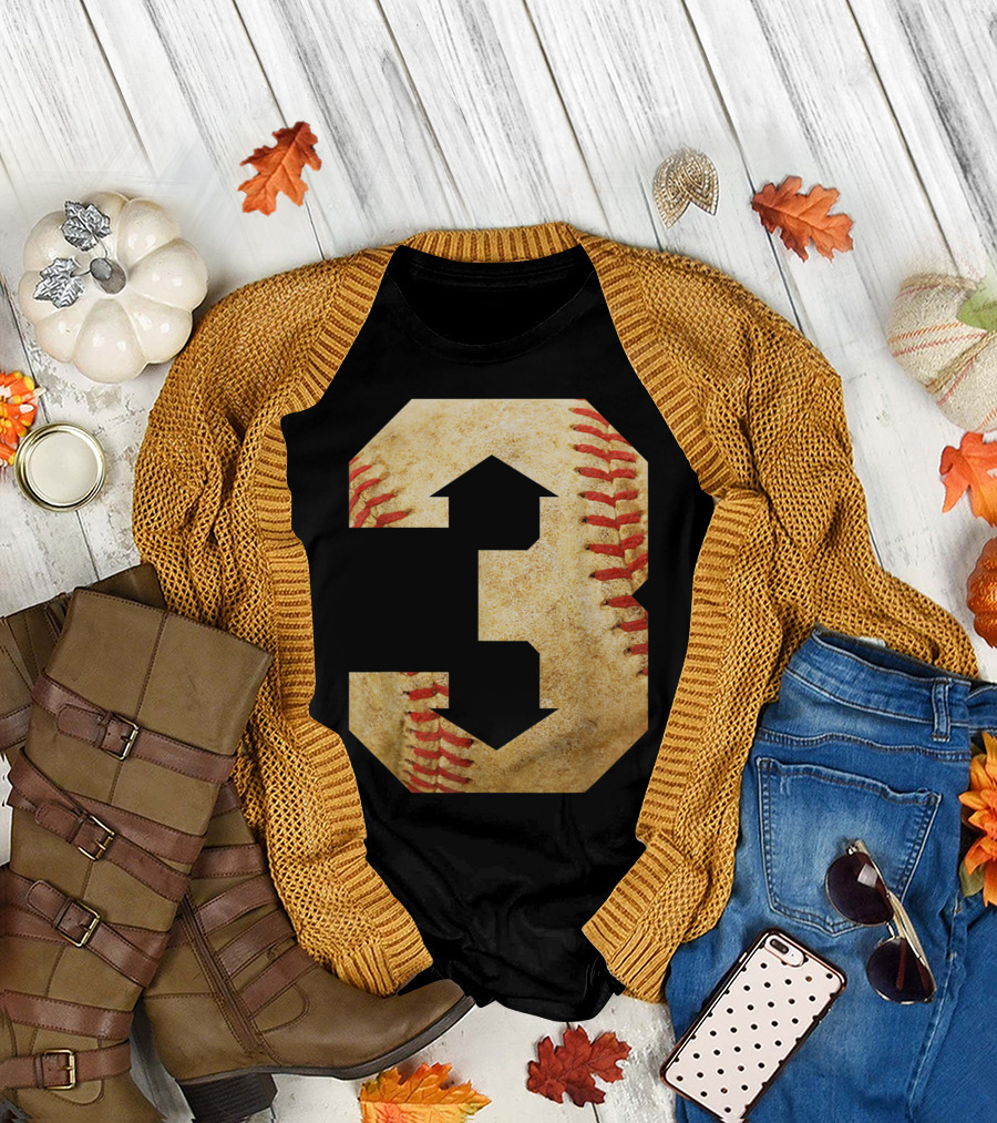 Three Up Three Down Baseball 3 Up Number 3 with Arrows on Baseball Texture T-Shirt