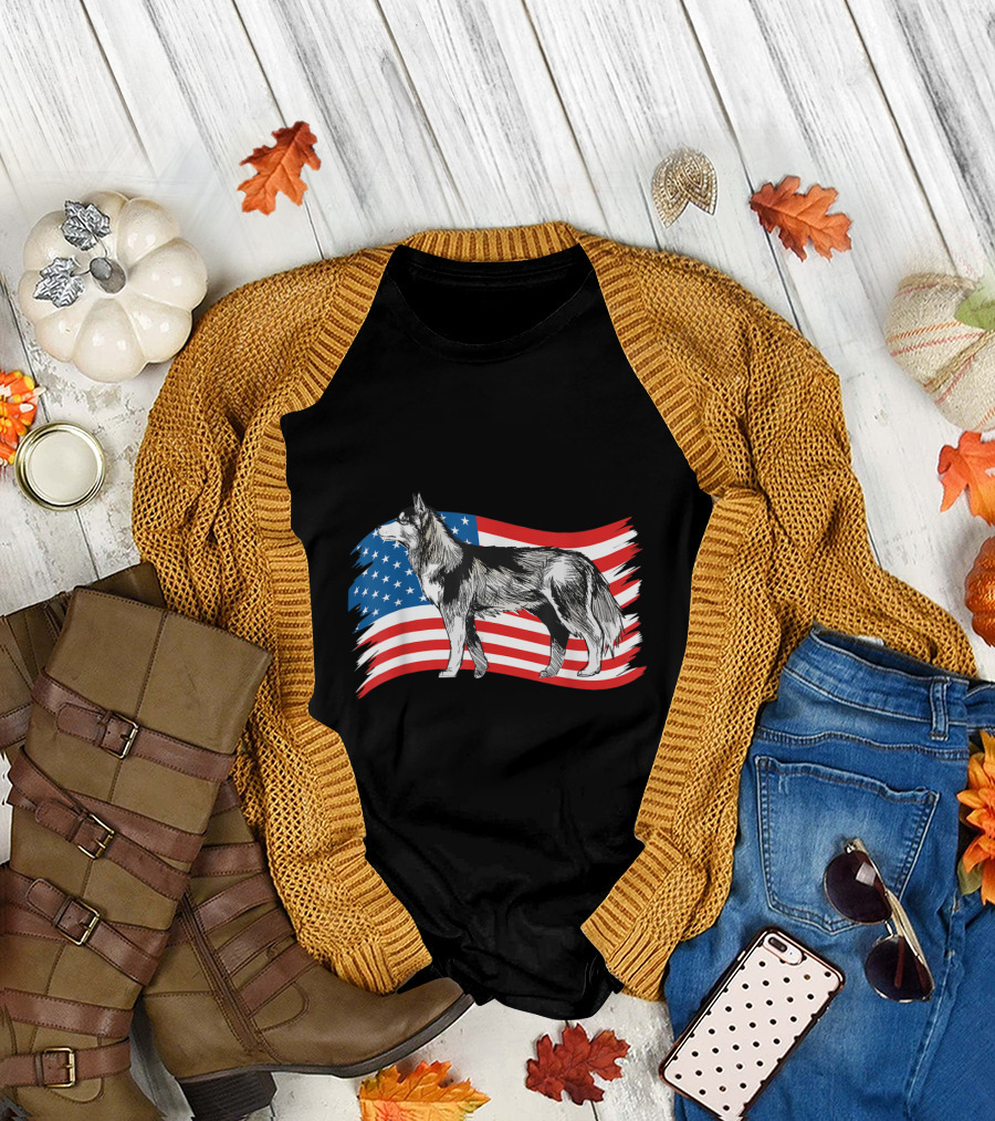 Siberian Husky with American Flag Background T-Shirt