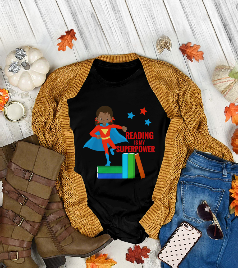 Reading Is My Superpower African American Child in Red and Blue Costume Standing on Colorful Books with Stars T-Shirt