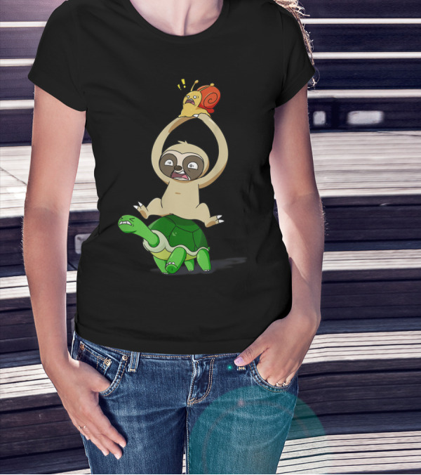 Sloth Riding Turtle Holding Surprised Snail Piggyback Racing Fun T-Shirt