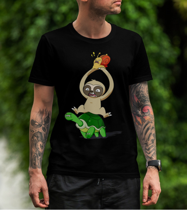 Sloth Riding Turtle Holding Surprised Snail Piggyback Racing Fun T-Shirt