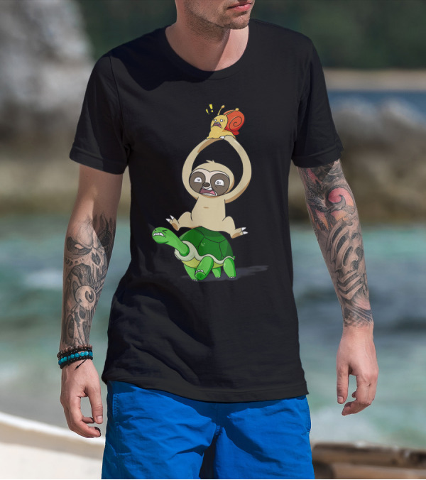 Sloth Riding Turtle Holding Surprised Snail Piggyback Racing Fun T-Shirt