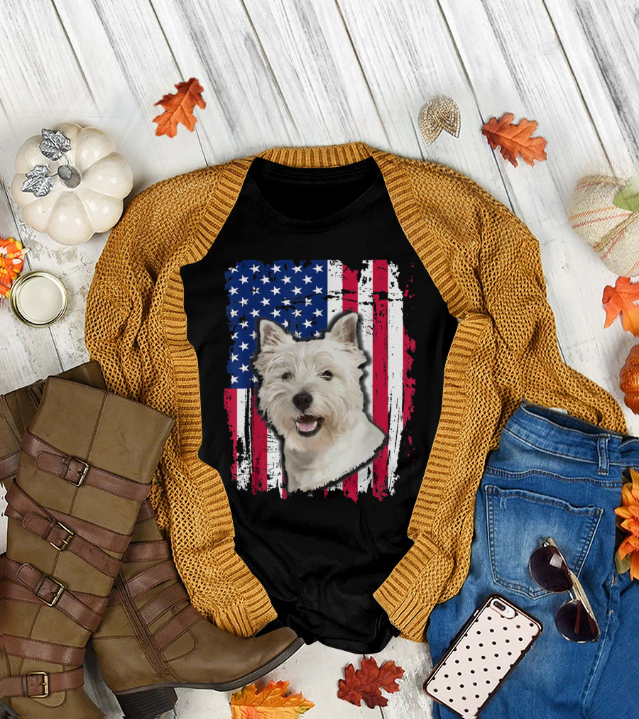 Westie Dog with American Flag Background 4th of July T-Shirt