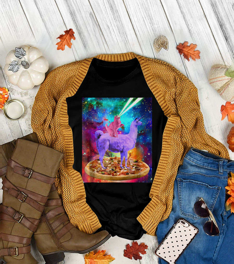 Outer Space Cat with Laser Eyes Rides Llama on Giant Pizza Galaxy T-Shirt
