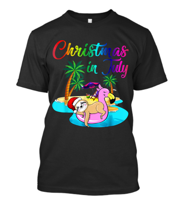 Christmas In July Lazy Sloth On Flamingo Float Holiday Island Scene T-Shirt