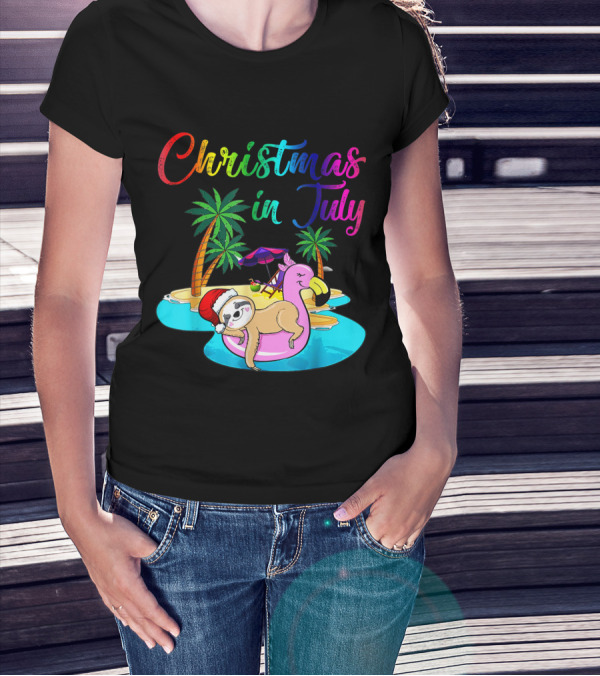 Christmas In July Lazy Sloth On Flamingo Float Holiday Island Scene T-Shirt