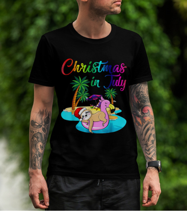 Christmas In July Lazy Sloth On Flamingo Float Holiday Island Scene T-Shirt