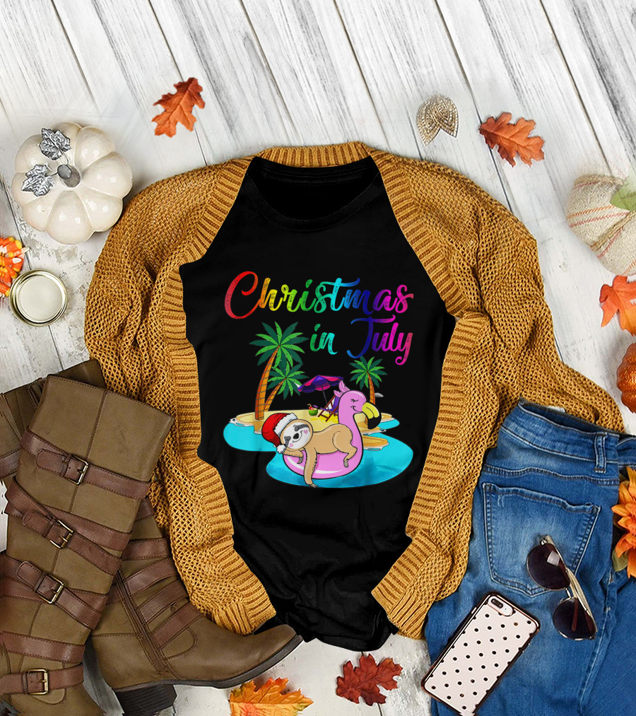 Christmas in July Lazy Sloth on Flamingo Float Holiday Island Scene T-Shirt
