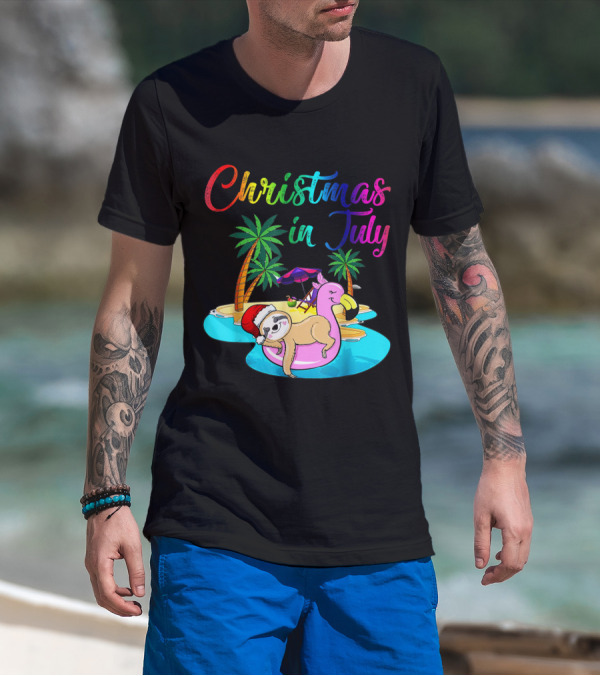 Christmas In July Lazy Sloth On Flamingo Float Holiday Island Scene T-Shirt