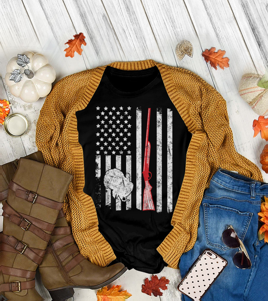 Turkey Hunting Shotgun American Flag Graphic with Turkey T-Shirt