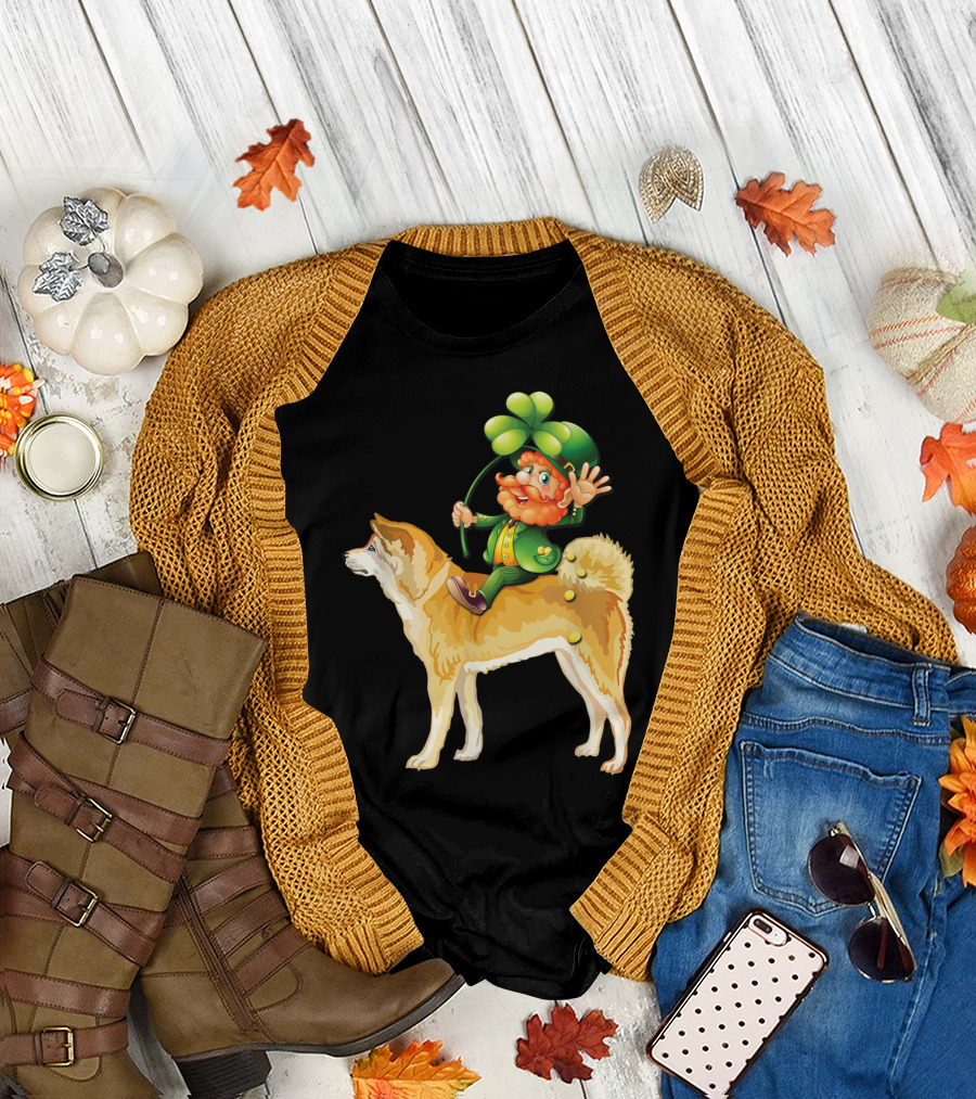 Leprechaun Waving on Akita Inu with Shamrock Umbrella T-Shirt