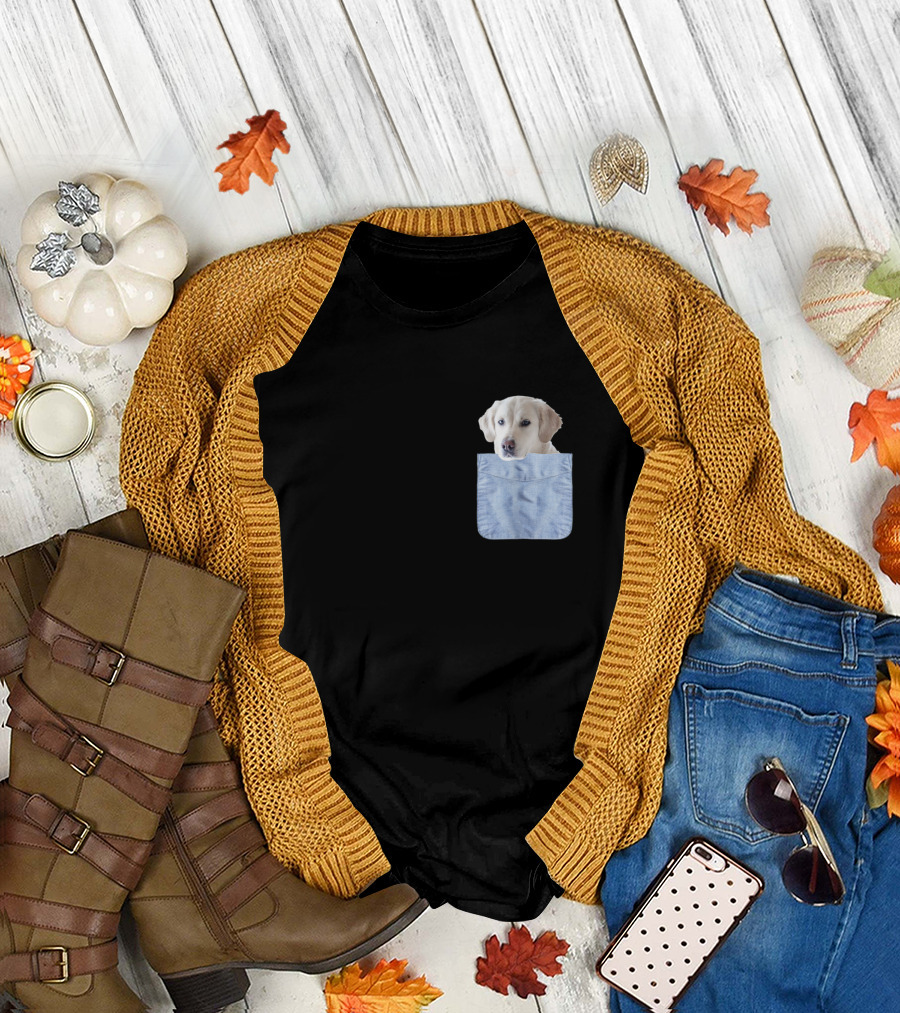 White Labrador Head Peeking from Denim-Style Pocket T-Shirt