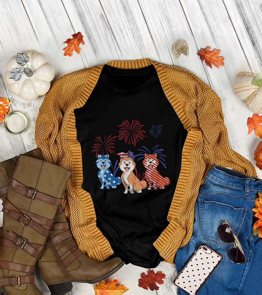 USA Flag Red White Blue Akita Inu Fireworks T-Shirt