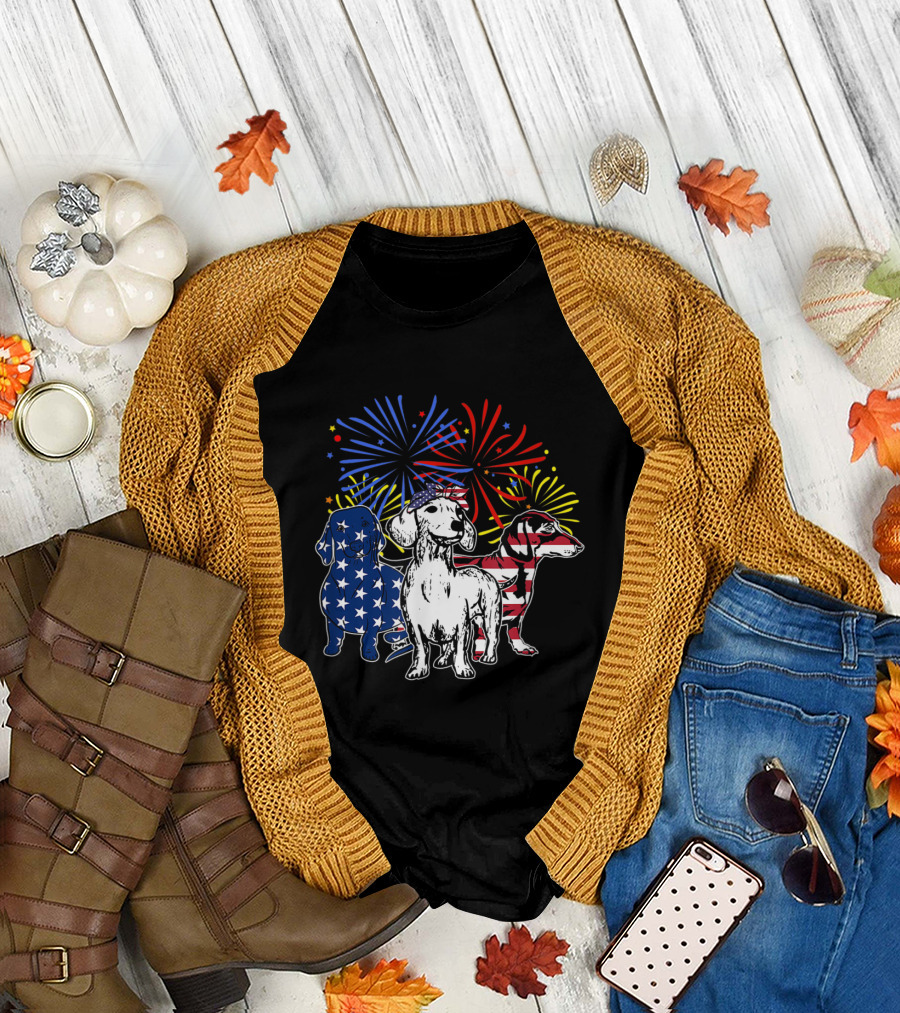 Red White Blue Dachshund American Flag Fireworks T-Shirt