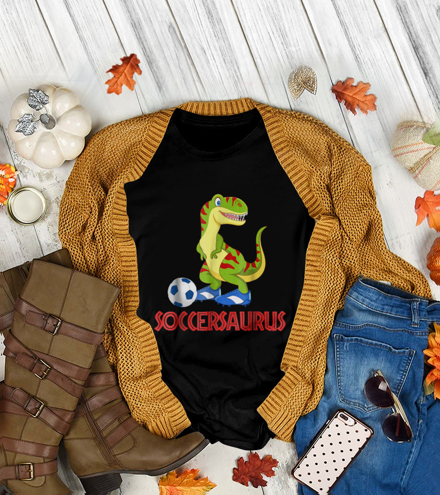 Soccersaurus Dinosaur Playing Soccer with Blue Cleats and Ball T-Shirt