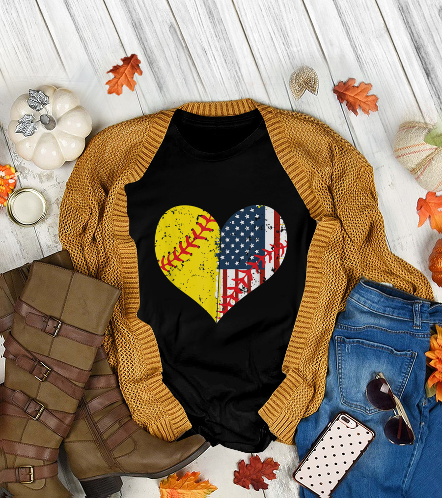 Heart Shaped Softball Stitching with American Flag Stars and Stripes for 4th of July T-Shirt
