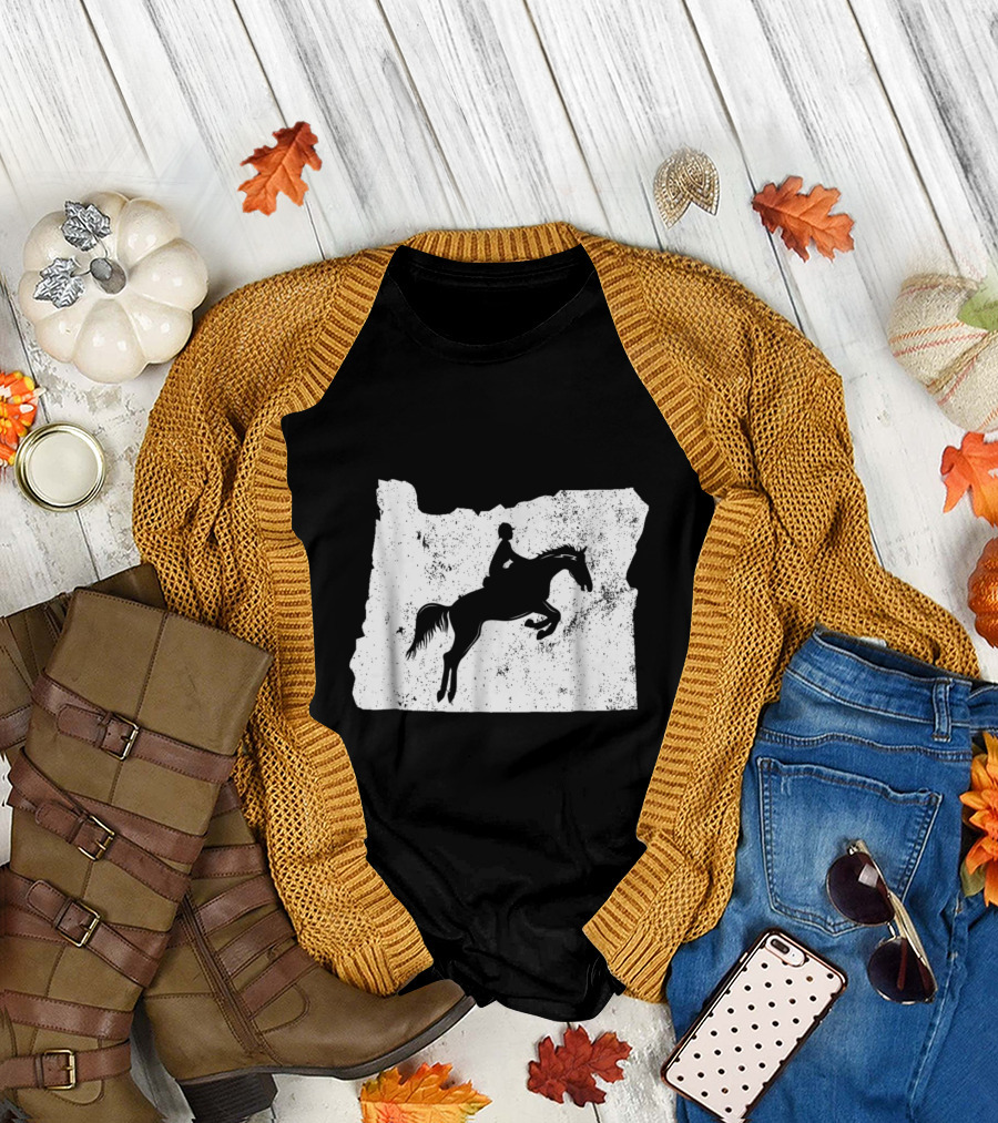 Oregon Equestrian Horse Jumping Silhouette on State Outline T-Shirt