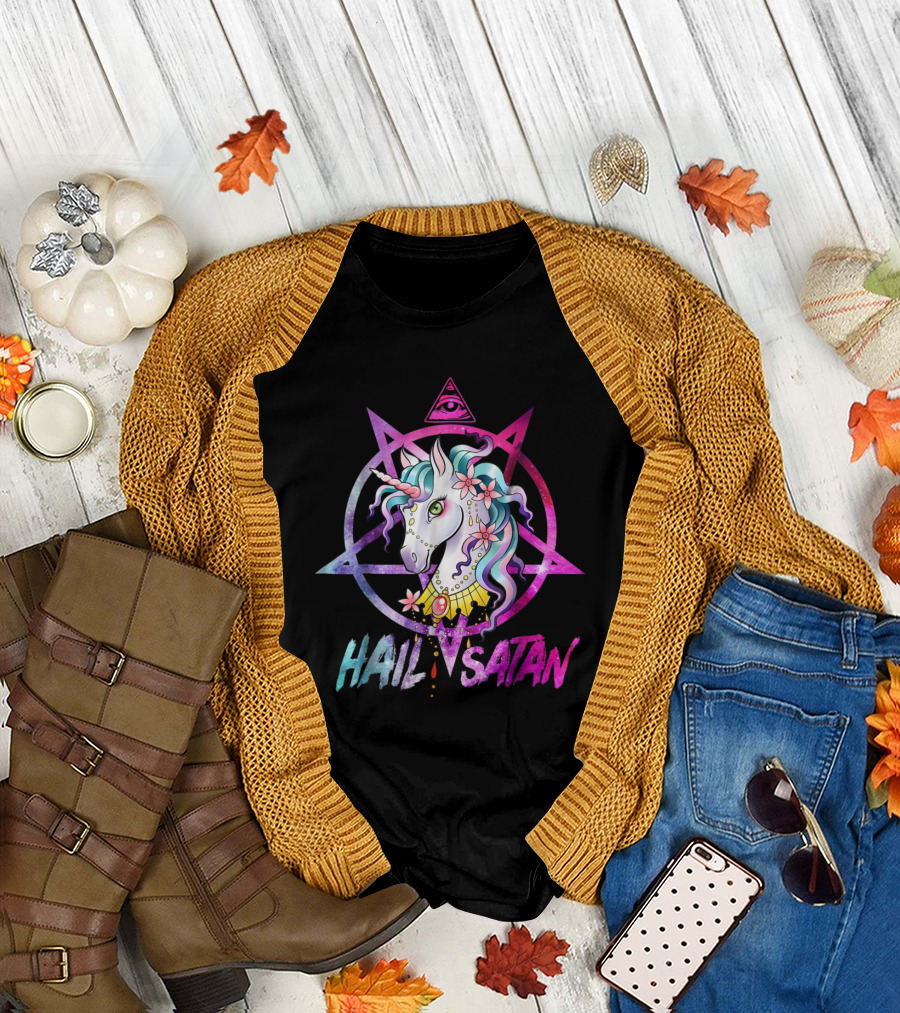 Hail Satan Unicorn Pentagram Eye Rainbow Death Metal T-Shirt