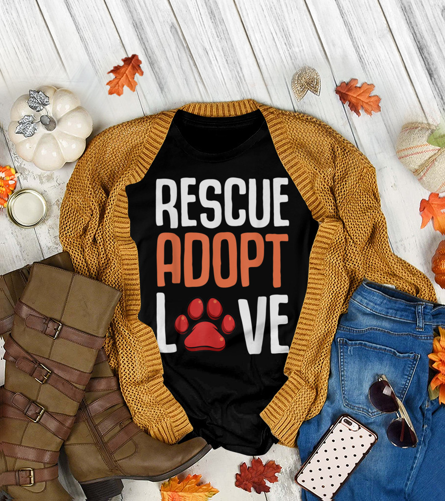 Rescue Adopt Love Cute Paw Print Dog Message T-Shirt
