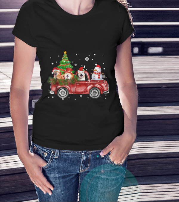 Merry Christmas Akitas Red Truck With Festive Santa Hats And Snowman T-Shirt