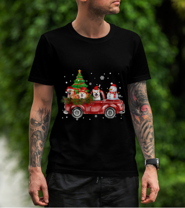Merry Christmas Akitas Red Truck With Festive Santa Hats And Snowman T-Shirt