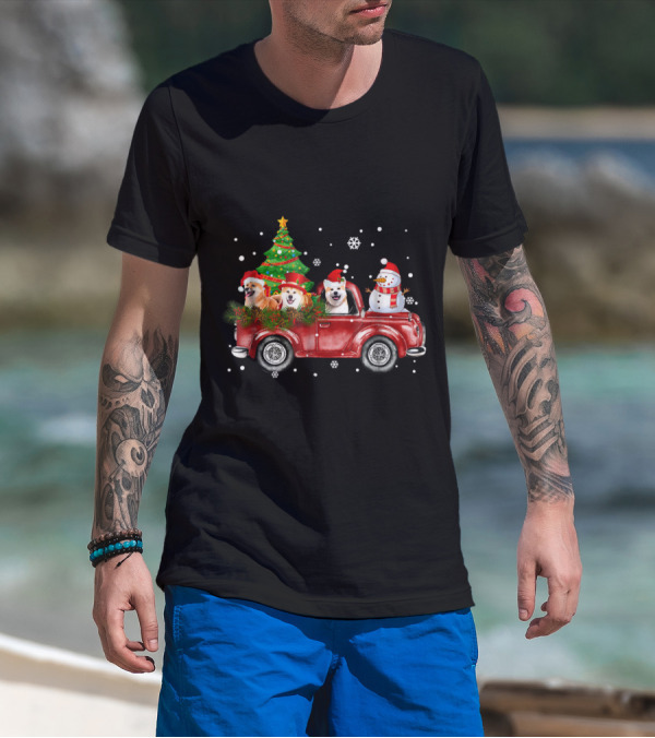 Merry Christmas Akitas Red Truck With Festive Santa Hats And Snowman T-Shirt