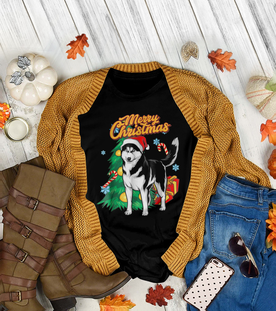 Merry Christmas Siberian Husky with Santa Hat, Christmas Tree, Candy Canes, and Snowflakes T-Shirt