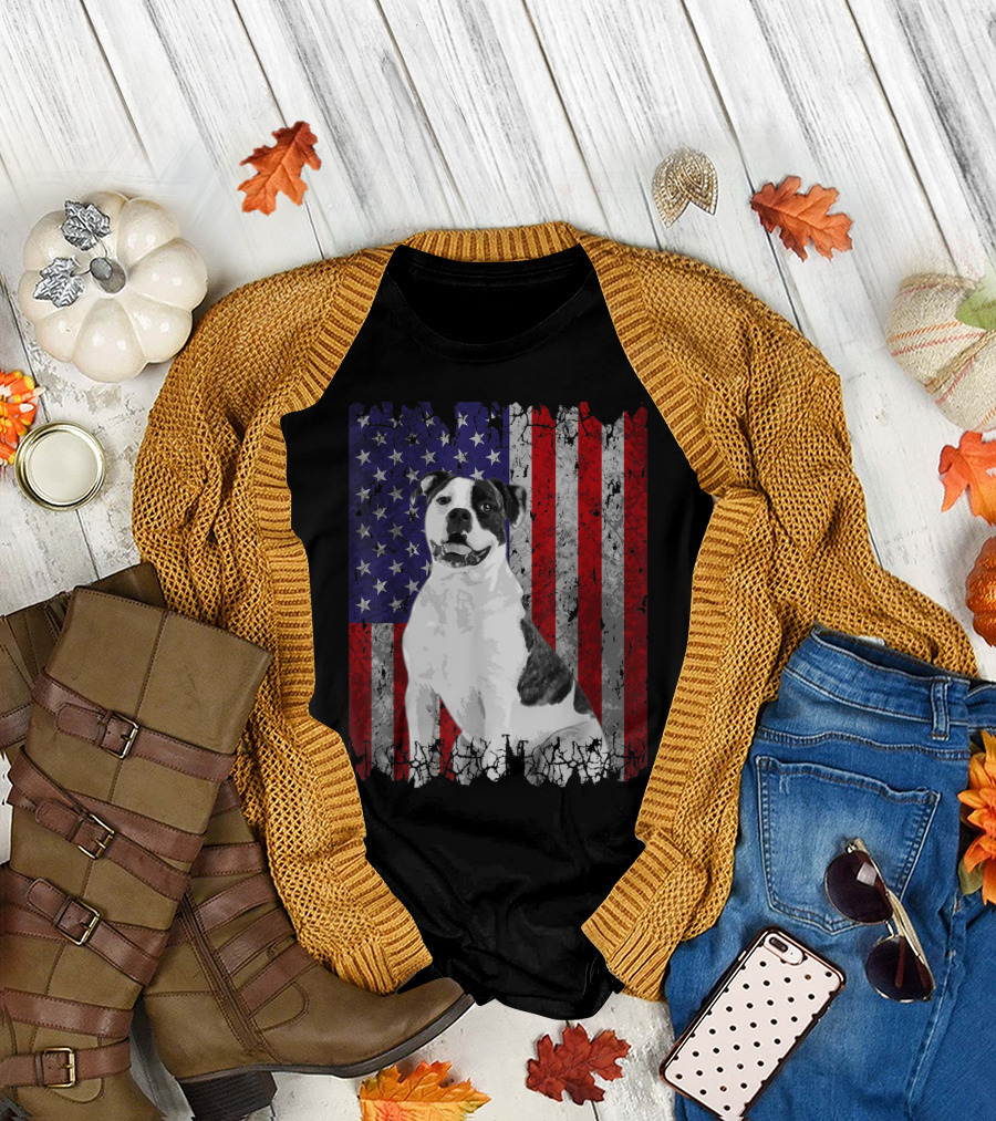 American Bulldog in Front of Distressed American Flag Background T-Shirt
