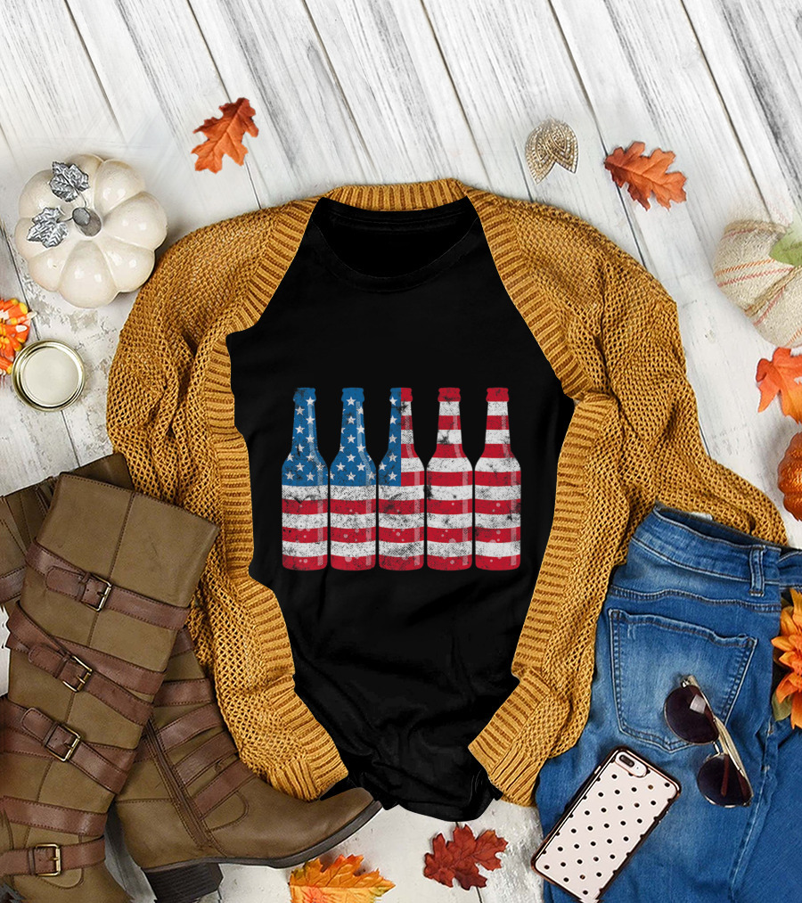 Patriotic American Flag Beer Bottles T-Shirt