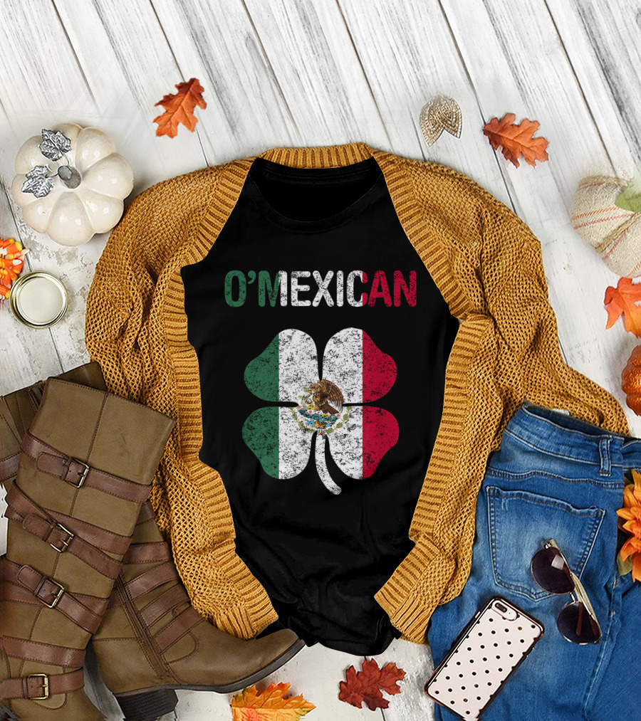 O'Mexican Four-Leaf Clover with Mexican Flag Colors and Emblem T-Shirt